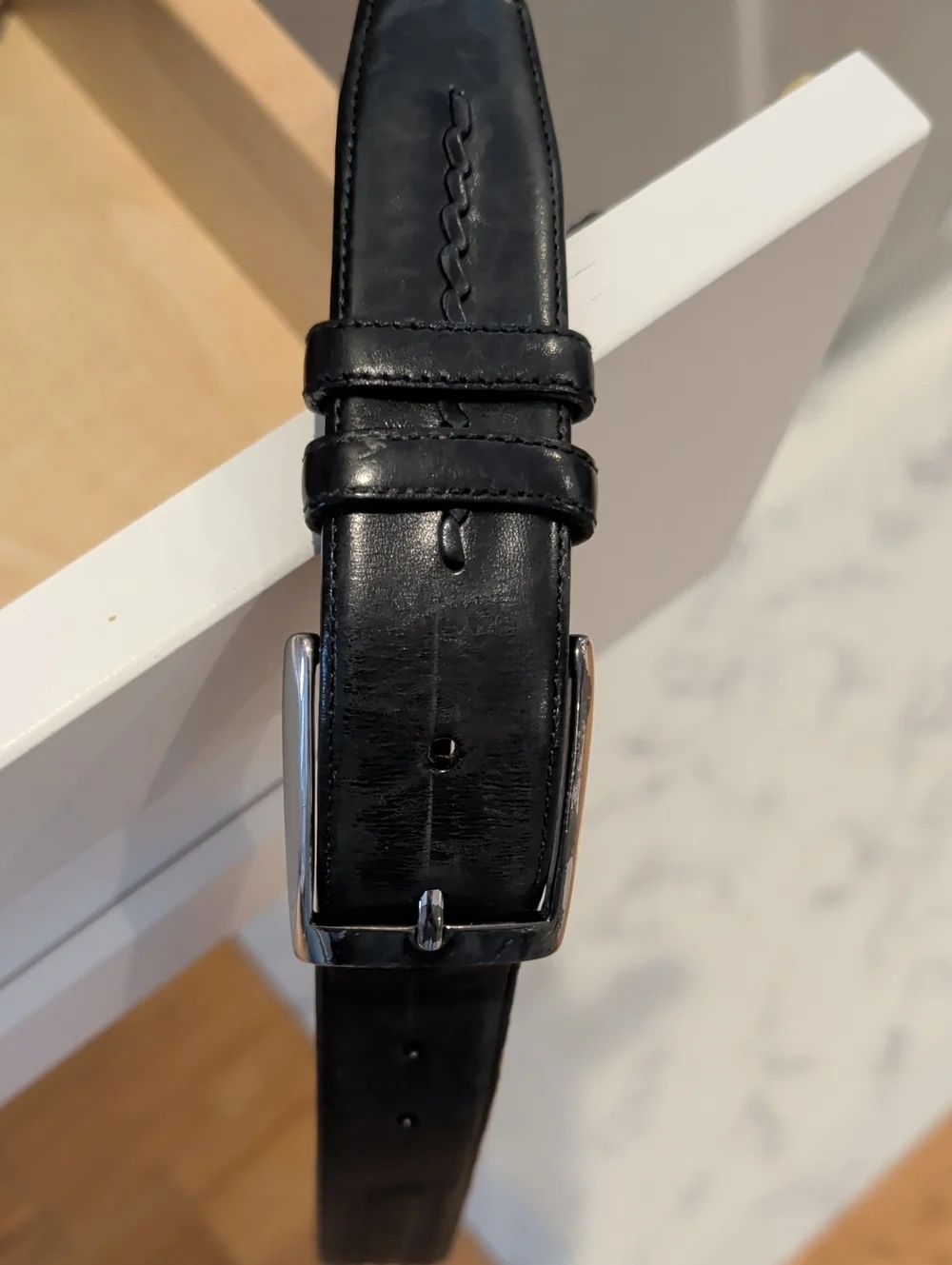 Handmade Black Leather Men's Belt with Silver Buckle
